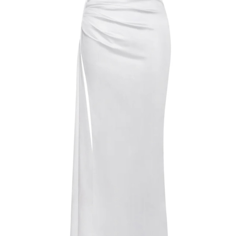 Vanity White Satin High Slit Draping Corset Gown With Crystals XS